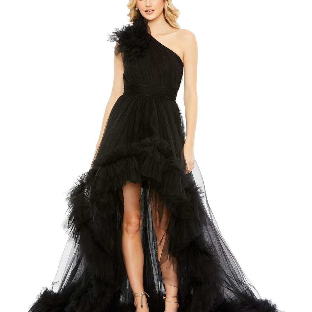 NWT MAC DUGGAL RUFFLED ONE SHOULDER HIGH LOW TULLE GOWN BLACK SZ 12 20412 $998